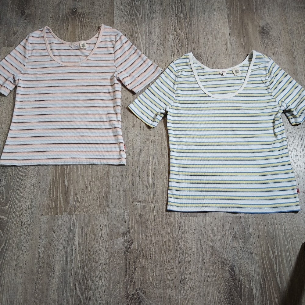 Two Levi's Short Sleeved Striped Shirts. Size Large.